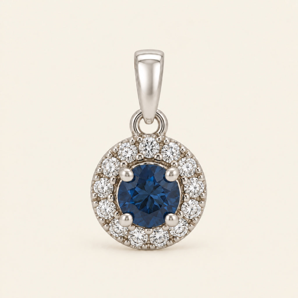 Dije de Oro 14k con Piedra Redonda y Halo de Diamantes