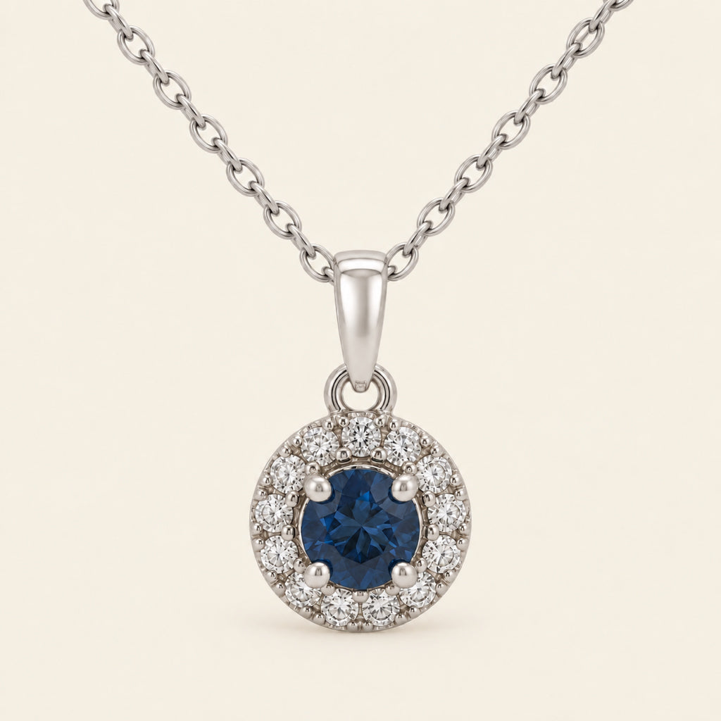 Dije de Oro 14k con Piedra Redonda y Halo de Diamantes