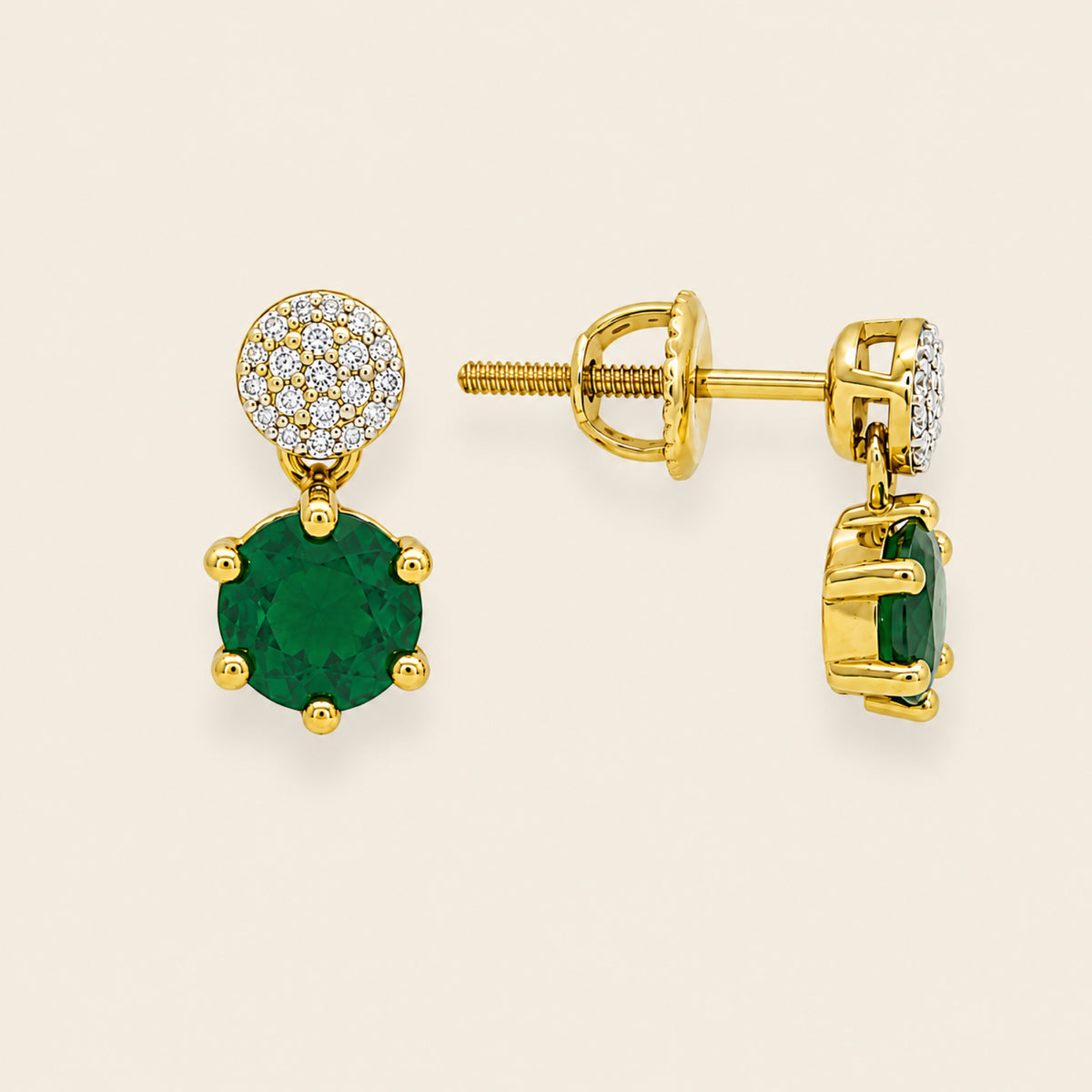 Aretes de Oro Amarillo 14k con Piedra Colgante y Disco de Diamantes