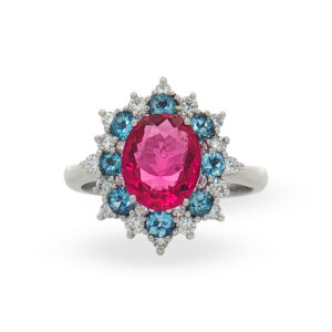 Anillo con Rubelitas, Aguamarinas y Diamantes