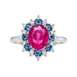 Anillo con Rubelitas, Aguamarinas y Diamantes